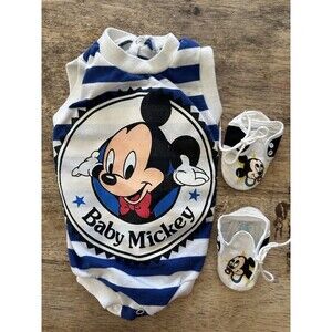 *Vtg Disney Baby Mickey Mouse Romper One Piece 1984 6 Mos Blue Stripe Booties